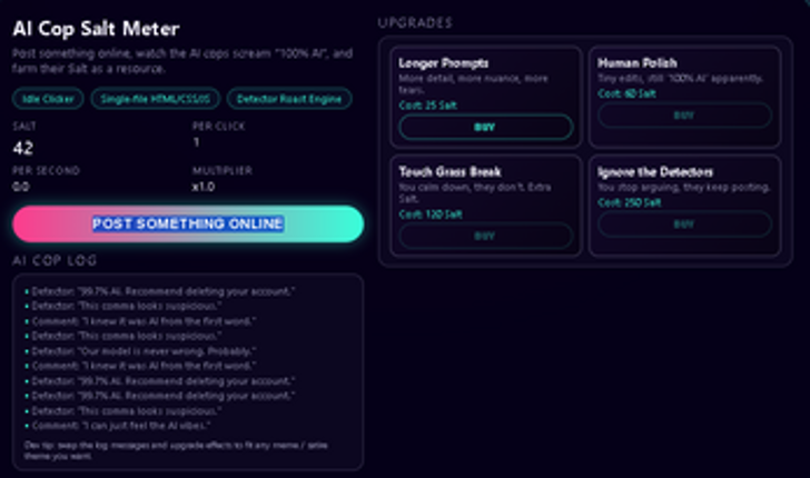 AI Cop Salt Meter – HTML5 Idle Template (Detector Roast Engine) Image