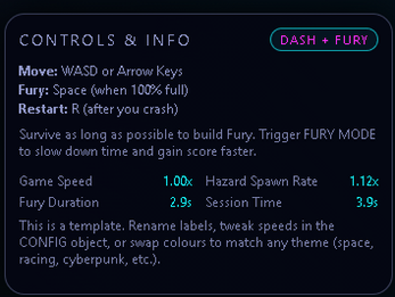 Neon Dash Fury – HTML5 Dodge Game Template (Rebrand & Resell) screenshot