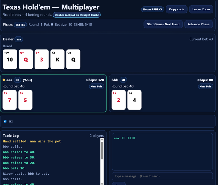 Games like Texas Hold’em — Multiplayer (Blinds + Chat)