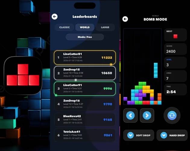 Games like Tetris - Clasic, World and Large mode