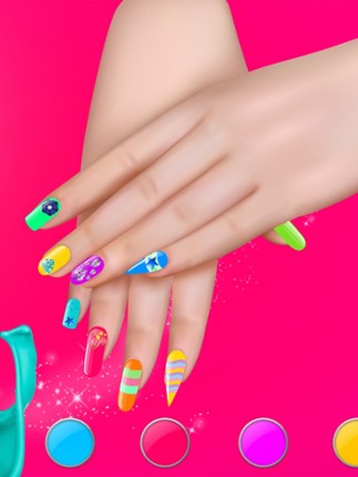 Manicure in Stylish Salon – Acrylic Nail Polish with Fancy Glow and Neon Design for Glamorous Girls Image