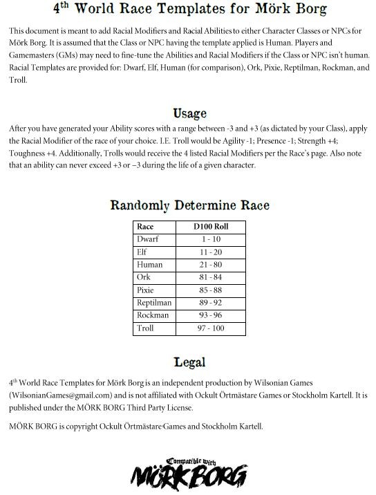 Games like 4th World Race Templates for Mork Borg