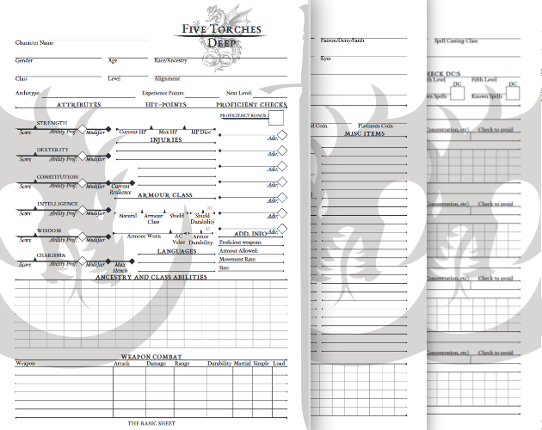 Custom Five Torches Deep Character Sheet Game Cover