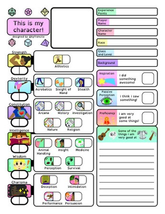 D&D 5e character sheet for dyslexia (4 pages; FORM FILLABLE INCLUDED) screenshot