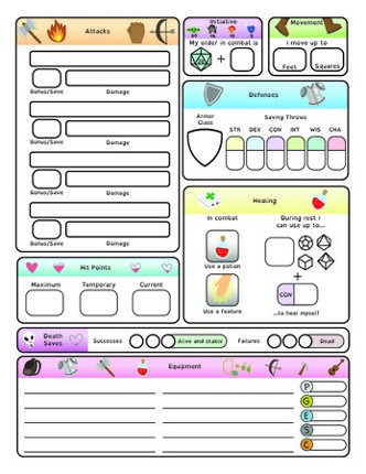 D&D 5e character sheet for dyslexia (4 pages; FORM FILLABLE INCLUDED) Image
