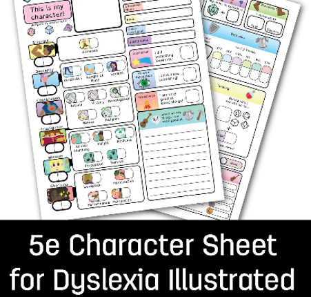 D&D 5e character sheet for dyslexia (4 pages; FORM FILLABLE INCLUDED) Game Cover