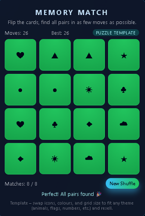Memory Match – HTML5 Puzzle Template (Rebrand & Resell) Image