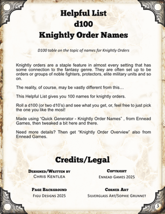 Helpful List D100 Knightly Order Names Image