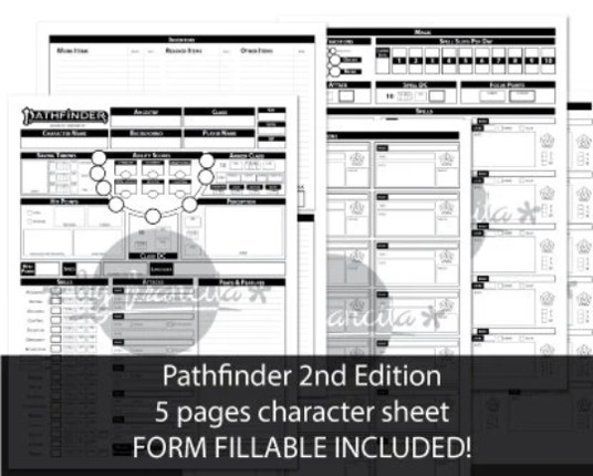 Pathfinder 2nd Edition character sheet (5 pages; FORM FILLABLE INCLUDED) Image