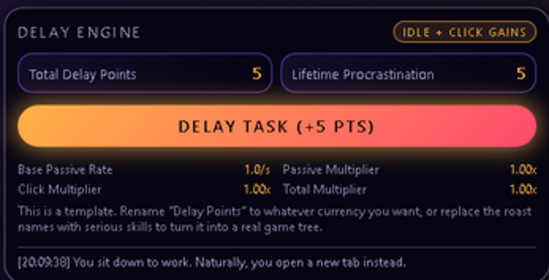Procrastinator Skill Tree – HTML5 Idle Template (Rebrand & Resell) Image