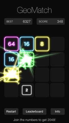 GeoMatch - 2048 experience with glowing neon particle explosions Image