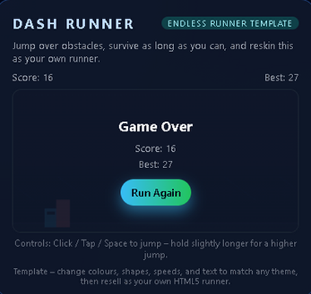 Dash Runner – Endless Runner HTML5 Template (Rebrand & Resell) Image