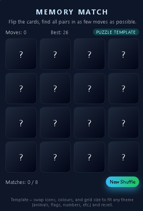 Memory Match – HTML5 Puzzle Template (Rebrand & Resell) Image