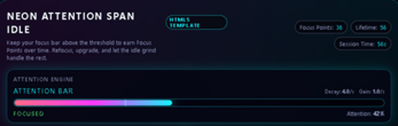 Neon Attention Span Idle – HTML5 Idle Template (Rebrand & Resell) screenshot