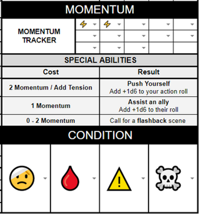 Charge RPG Character Spreadsheet screenshot