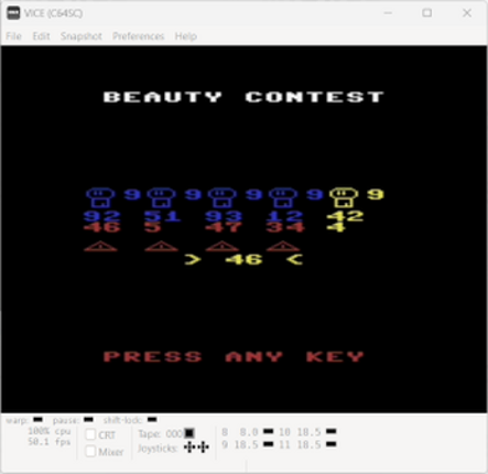 Beauty Contest (Atari 8 Bit, C64, Spectrum, Dragon, CoCo, CPC, MSX) by spotlessmind1975 screenshot