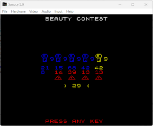 Beauty Contest (Atari 8 Bit, C64, Spectrum, Dragon, CoCo, CPC, MSX) by spotlessmind1975 screenshot