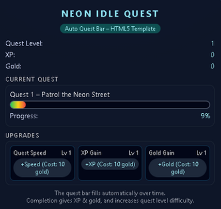 Neon Idle Quest – HTML5 Idle Progress Template (Quest Bar + Scaling Rewards) Image
