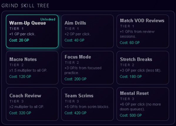 Gamer Grind Skill Tree – HTML5 Idle Template (Ranked Climb Engine) Image