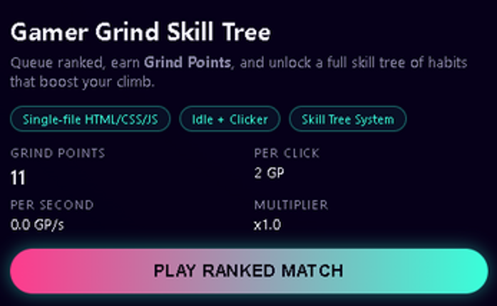 Gamer Grind Skill Tree – HTML5 Idle Template (Ranked Climb Engine) Image