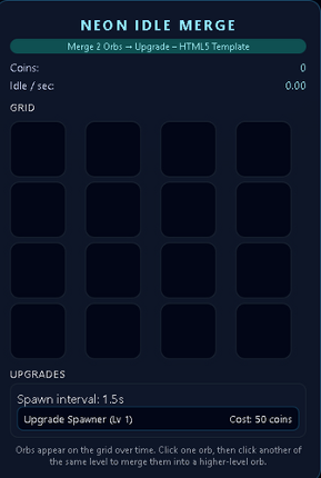 Neon Idle Merge – HTML5 Merge Template (Orb Fusion + Passive Income) Image