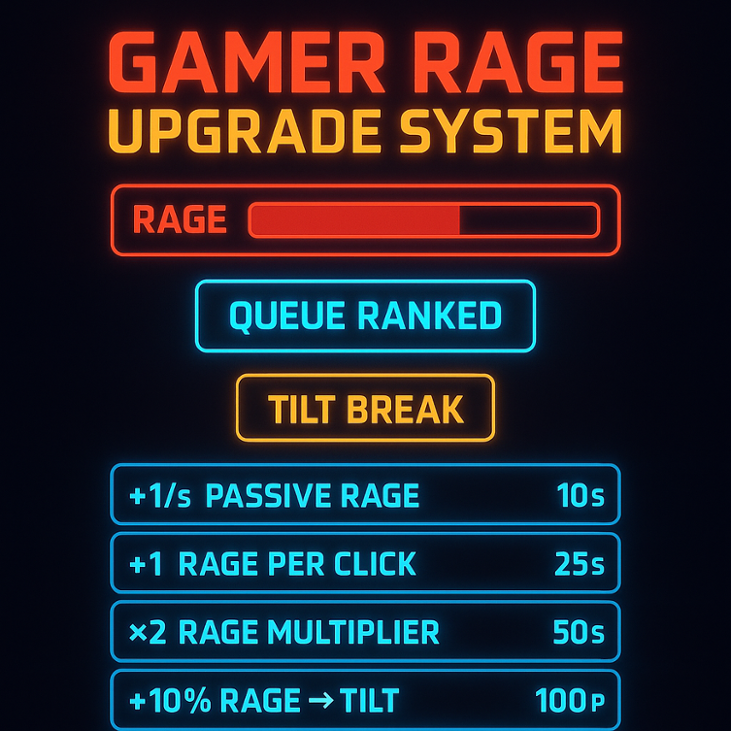 Games like Gamer Rage Upgrade System – Tilt-Powered Progression (HTML5 Template)