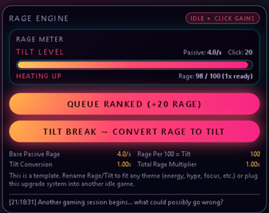 Gamer Rage Upgrade System – Tilt-Powered Progression (HTML5 Template) screenshot