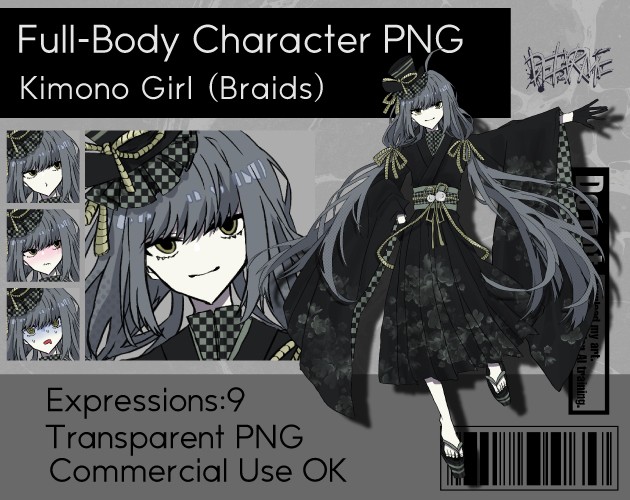 Games like TTRPG/VTT Full-Body Character PNG – Kimono Girl with Braids (9Expressions) – Transparent