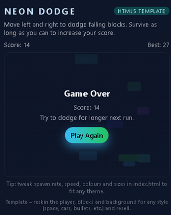 (FREE) Neon Dodge – HTML5 Arcade Template (Rebrand & resell) Image