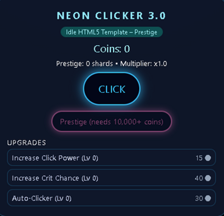 Neon Clicker 3.0 – Prestige HTML5 Template (Rebrand & Resell) Image