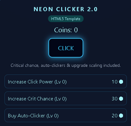 Neon Clicker 2.0 – HTML5 Template (Rebrand & Resell) Image